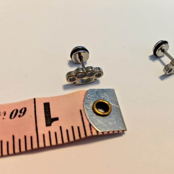 Brass Knuckle Stud Pair Earrings Stainless Steel - Picture 2 of 3